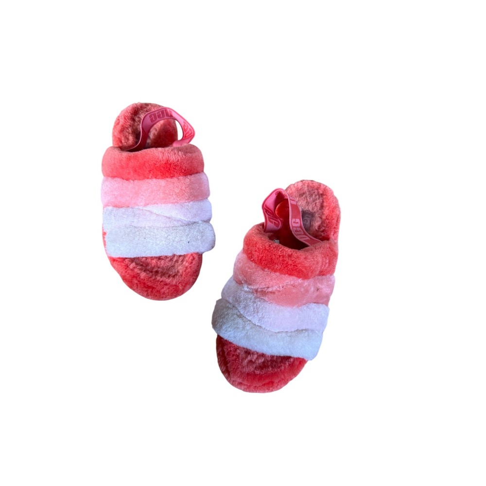 UGG Fluff Yeah Slide Pink White Striped Sheepskin Slippers 1097169 Womens 9
